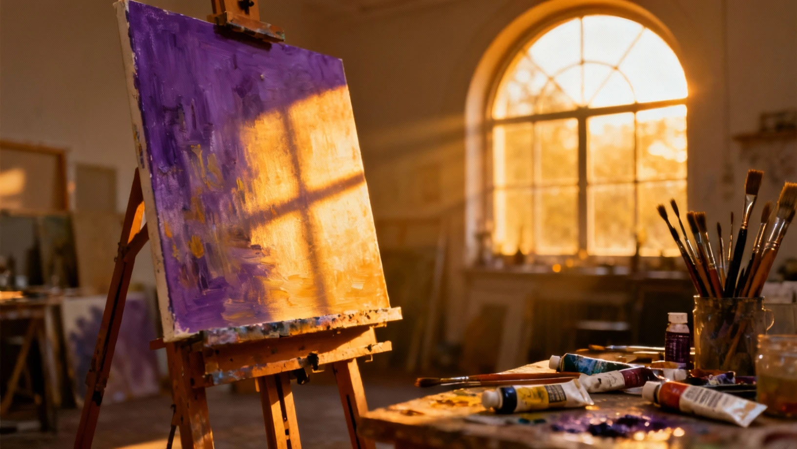 Atelier d'artiste baigné de lumière dorée