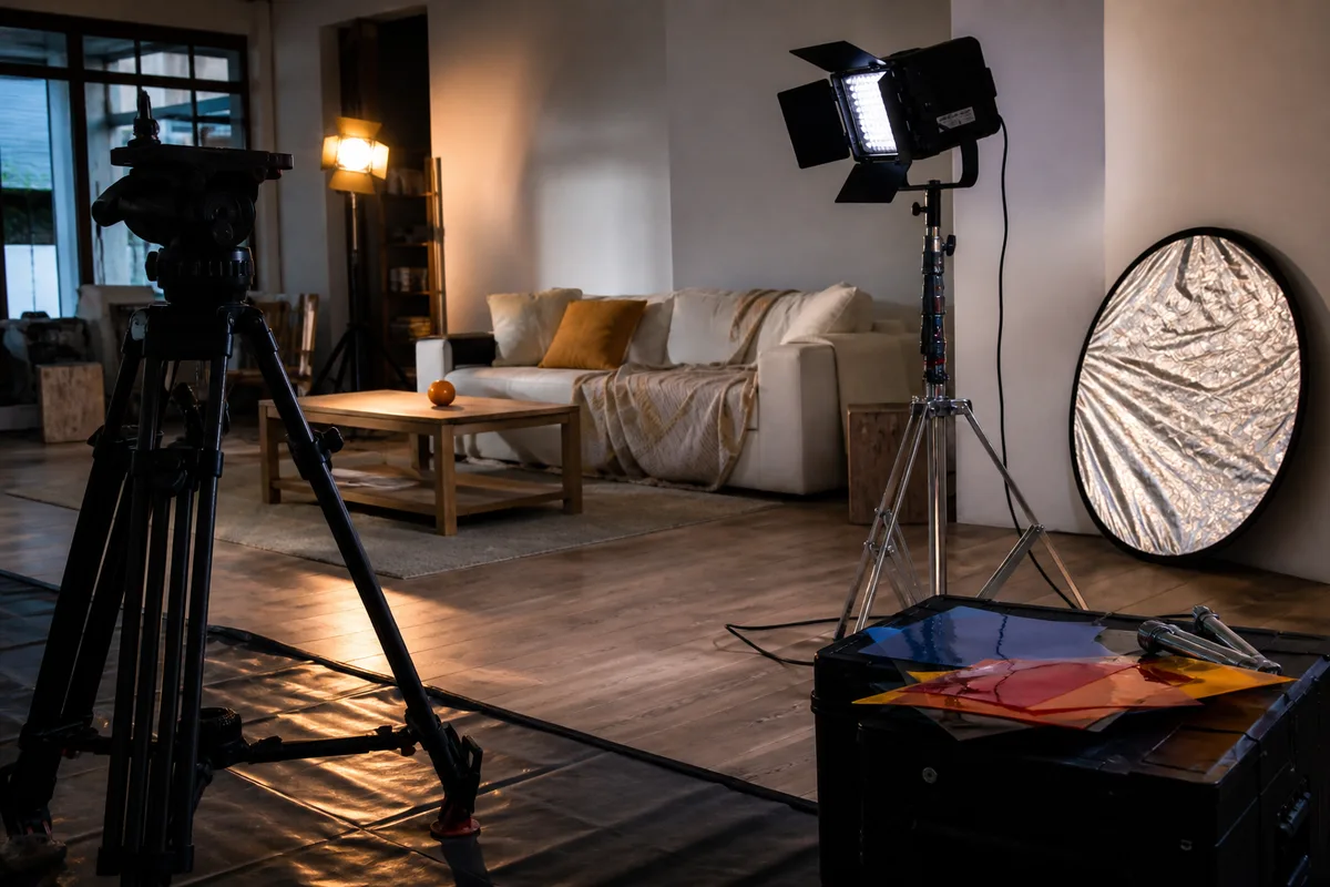 Une équipe de tournage installe caméra et projecteurs dans un décor intérieur
