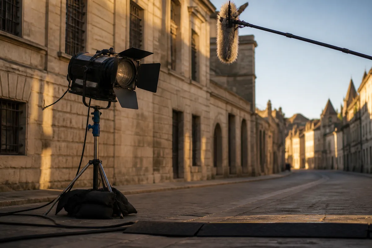 Tournage en extérieur : projecteur sur pied et perche son au-dessus d&rsquo;une rue barrée