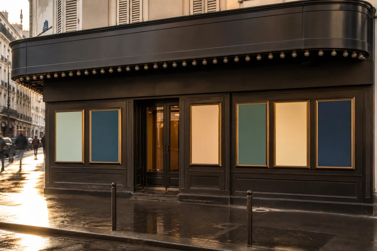 Façade de cinéma d&rsquo;art et essai en France, cadres d&rsquo;affichage vitrés entièrement vierges en fin d&rsquo;après-midi