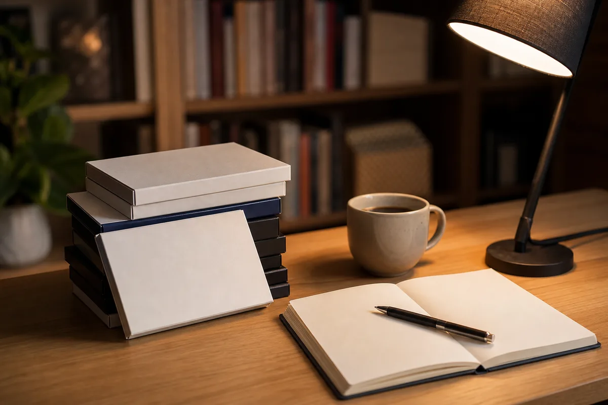 Coffrets d&rsquo;éditions restaurées et livrets aux jaquettes unies posés sur un bureau en bois sous une lampe
