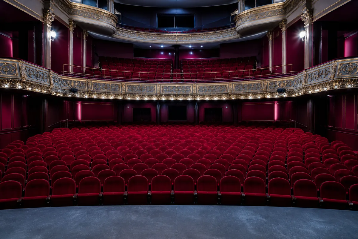 Scène de théâtre vide éclairée par une découpe, vue depuis les rangs du parterre