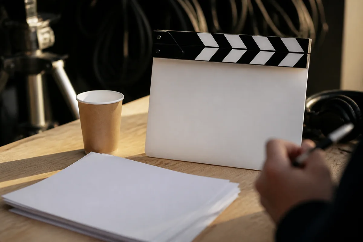Clap de cinéma et feuilles de service posés sur une table de régie en bois
