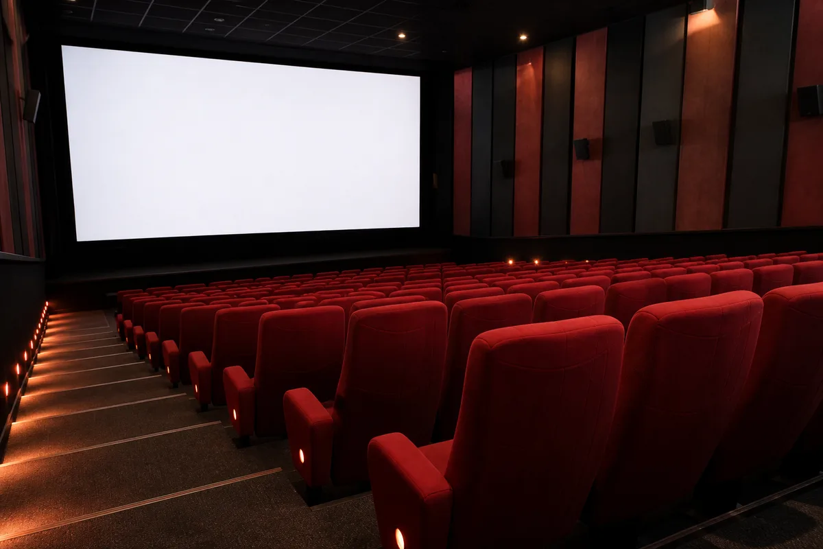 Rangée de fauteuils rouges vides dans une salle de cinéma avant la séance