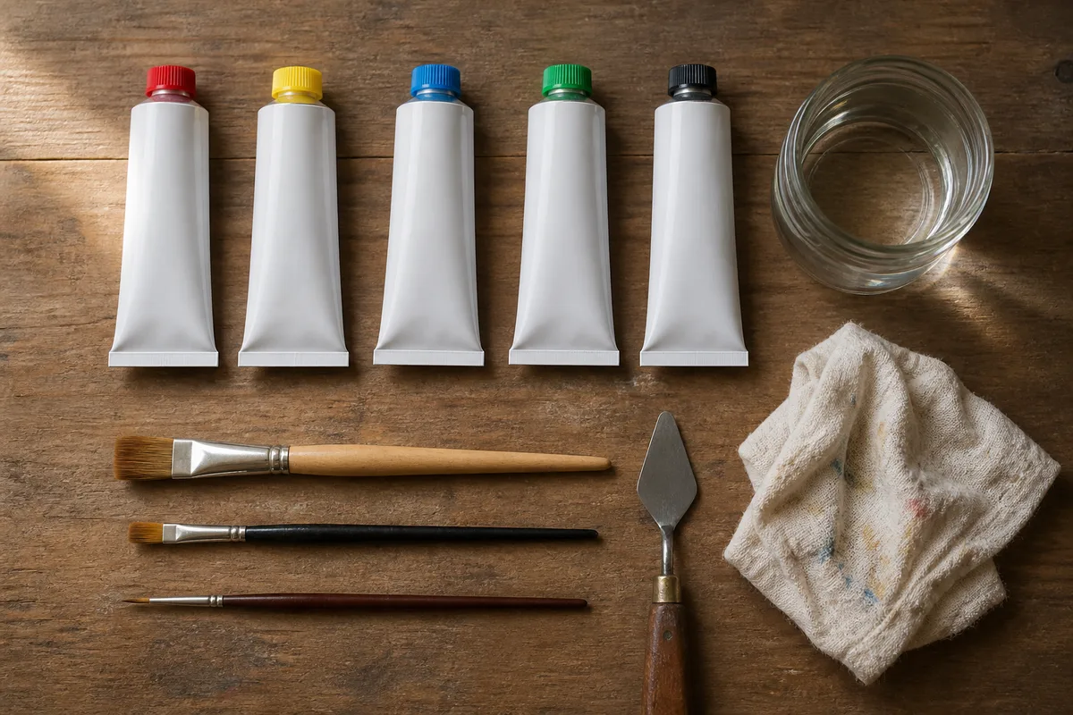 Table d atelier avec cinq tubes de peinture, pinceaux plats et couteau à peindre, lumière naturelle