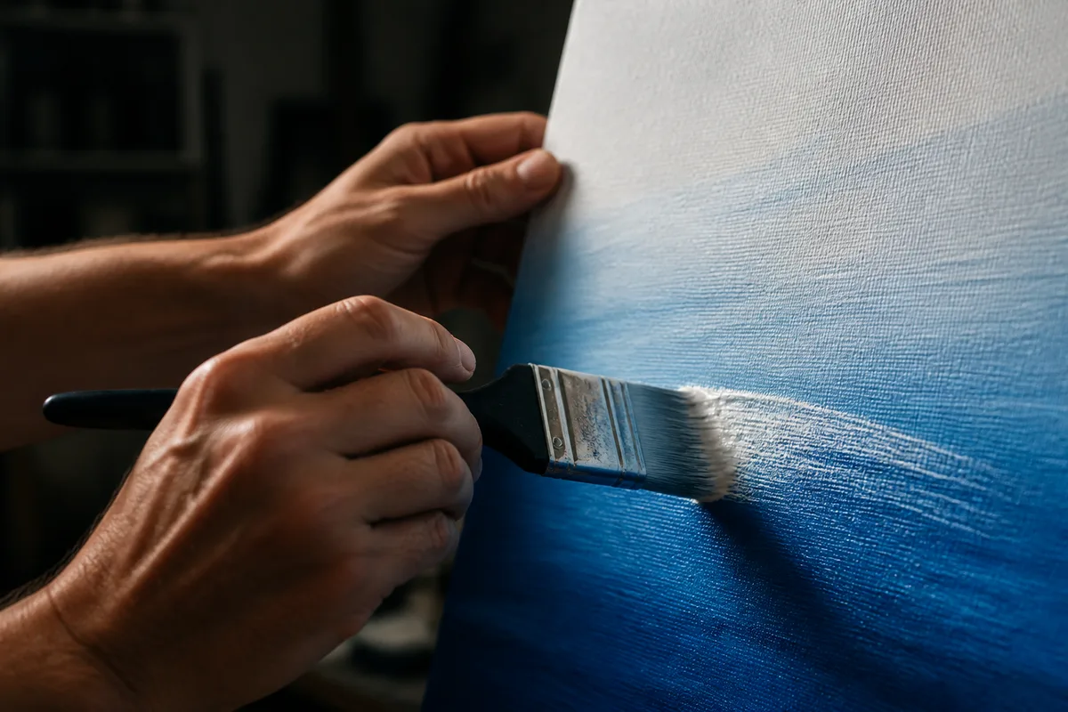 Pinceau plat déposant un dégradé bleu sur une toile tendue, gros plan sur les mains, lumière rasante