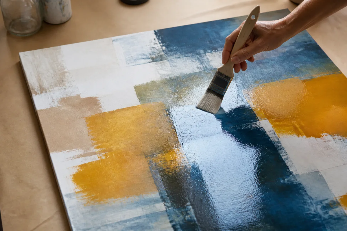 Toile terminée posée à plat, pinceau souple appliquant un vernis transparent, reflet doux sur la surface