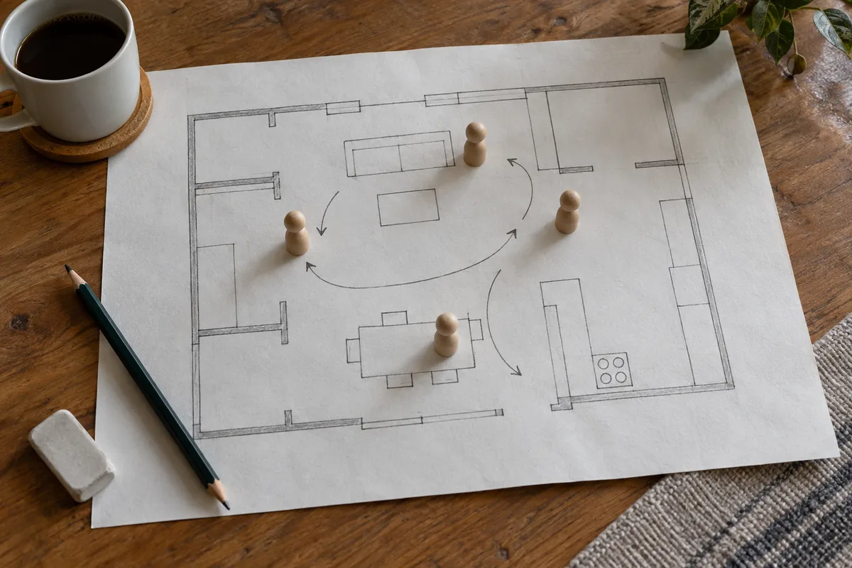 Plan au sol dessiné à la main sur une table, avec figurines et trajectoires de caméra au crayon