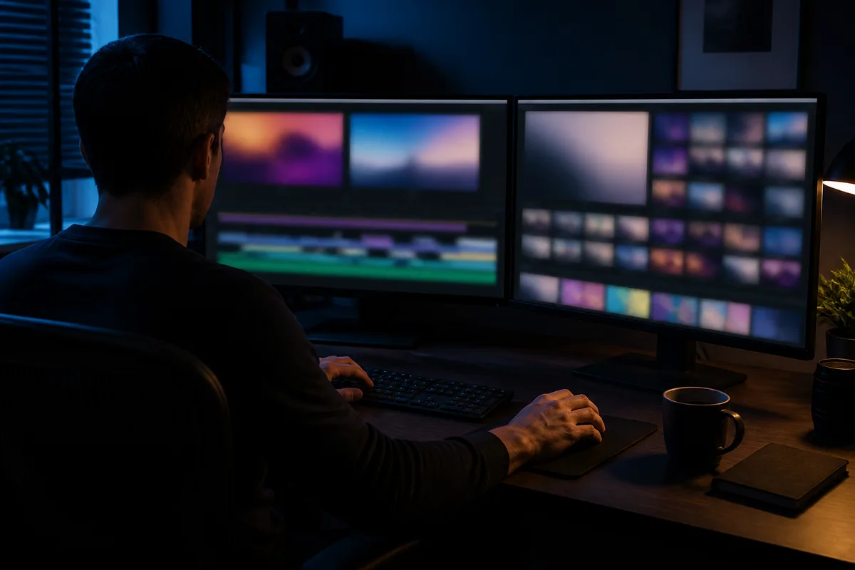 Poste de montage vidéo à deux écrans dans une pièce sombre, mains posées sur un clavier