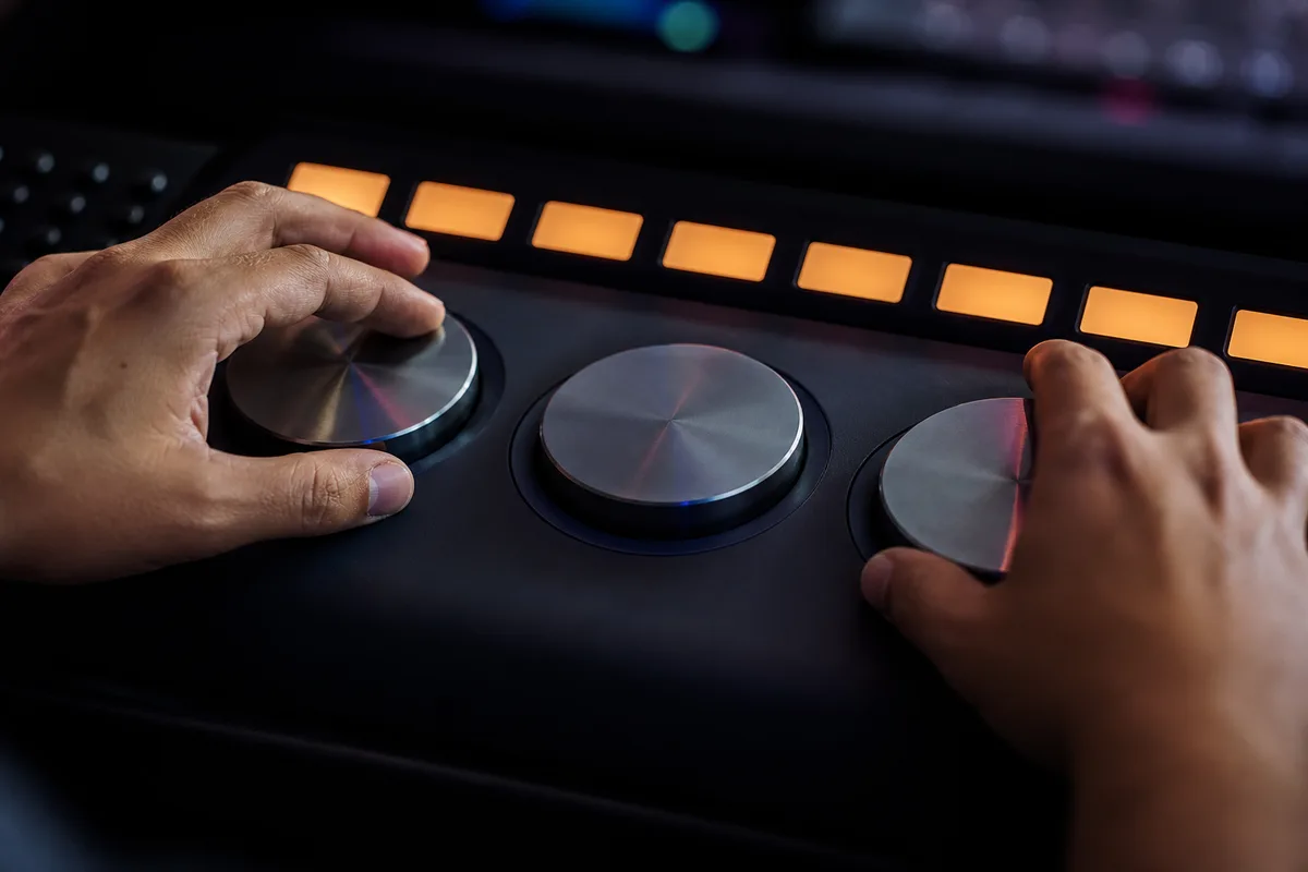 Deux mains sur une console d’étalonnage à molettes colorées, lumière rasante